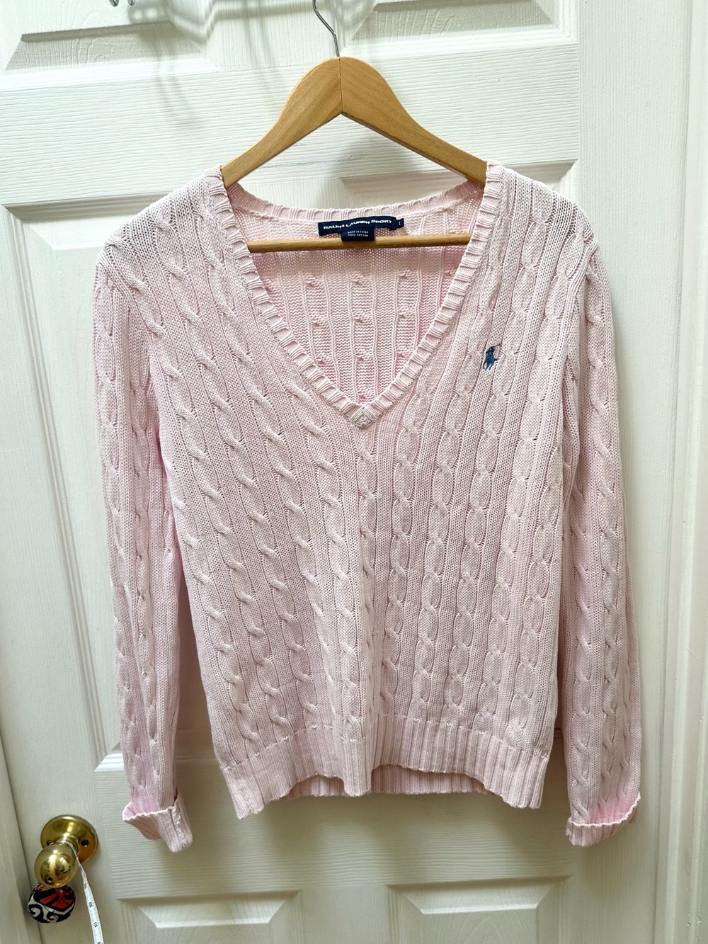 Ralph Lauren Sport | Cable-Knit V-Neck Sweater | Pink with Blue Pony | Size L